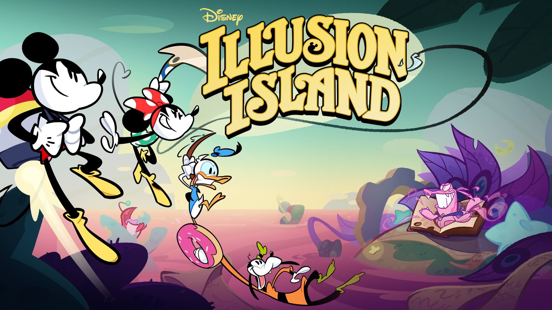 2023-2-disney-illusion-island-key-art-66cc7d102b5676090d02a340-1 میکی ماوس، مینی ماوس، گوفی و دانلد داک روی تصویر کاور بازی دو بعدی Disney Illusion Island