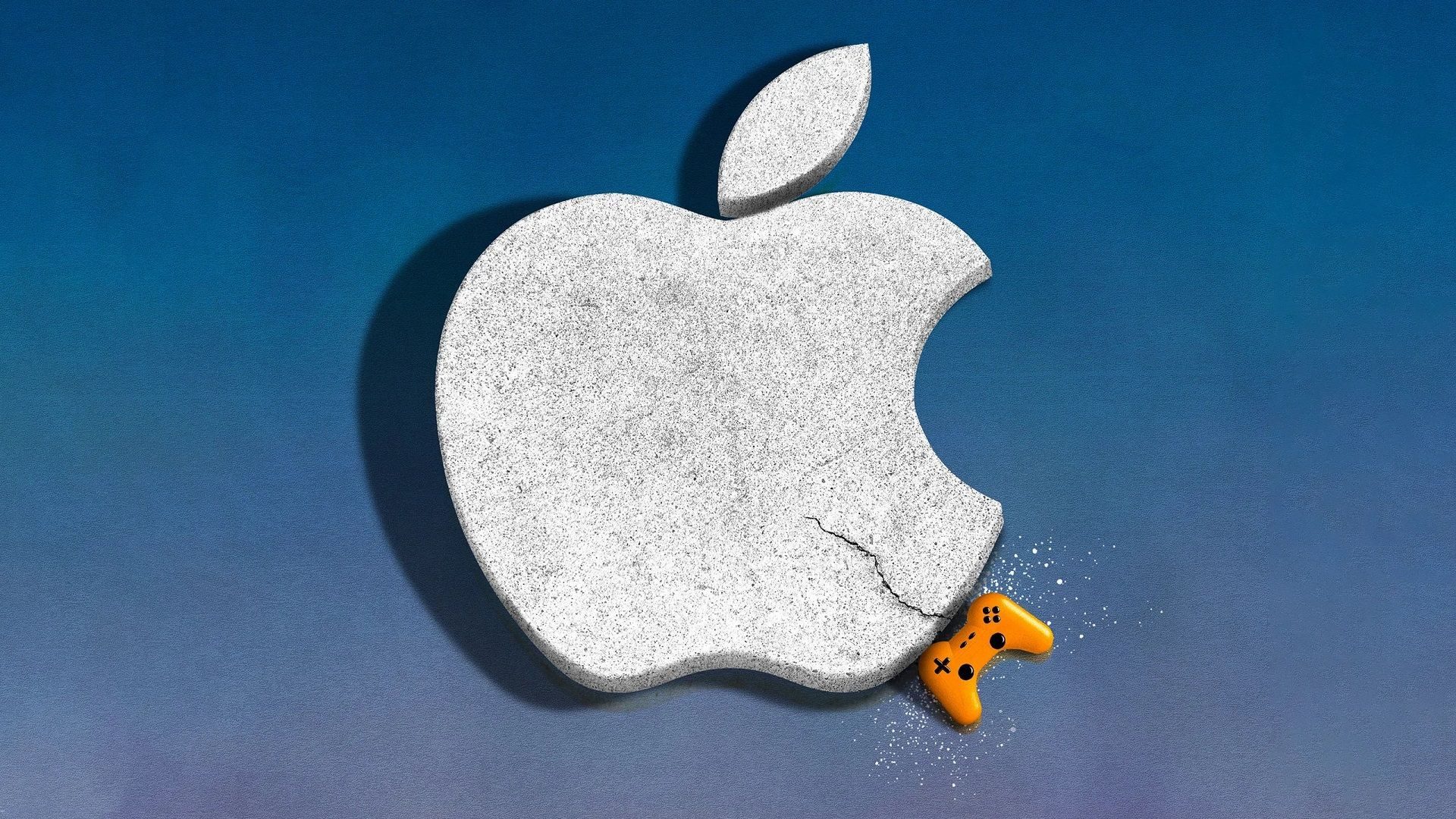 apple-68360bd2644787b21c47918b-1 نماد شرکت اپل در کنار یک کنترلر بازی ویدیویی